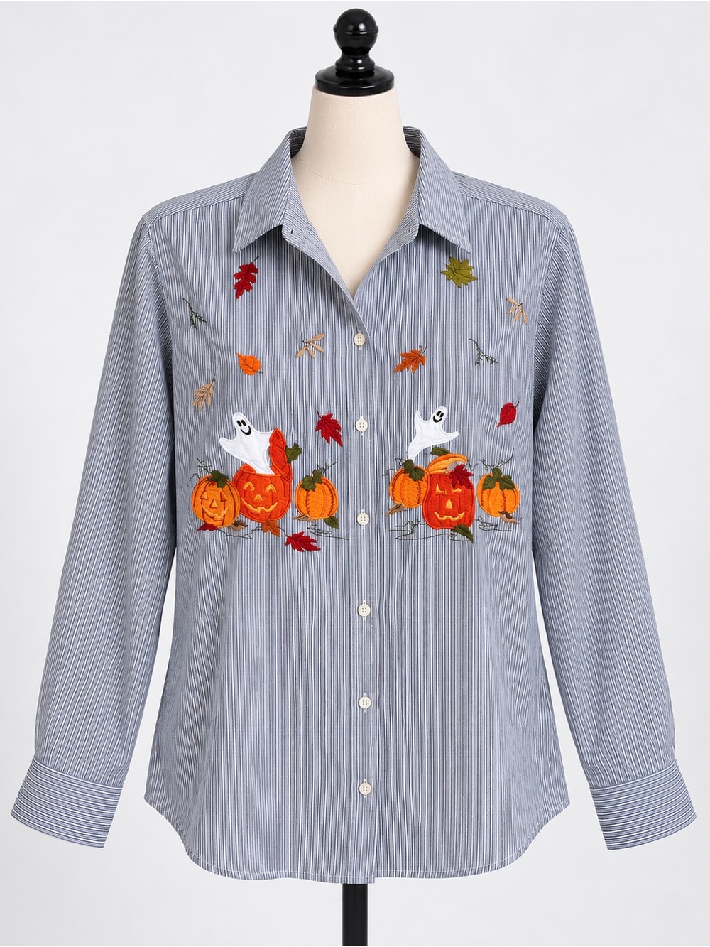 Karen Scott Blue and White Striped Button-Down Shirt with Halloween Embroidery
